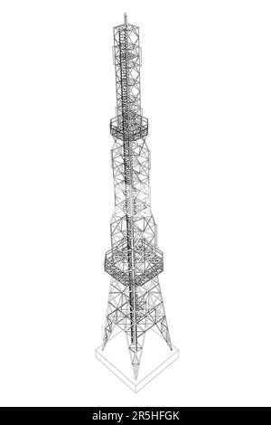 Contour d'une tour haute pour les communications à partir de lignes noires isolées sur un fond blanc. Vue isométrique. 3D. Illustration vectorielle. Illustration de Vecteur