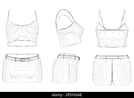 Ensemble avec contours d'un haut pour femme avec une jupe courte à partir de lignes noires isolées sur un fond blanc. Vue avant, latérale, arrière. Illustration vectorielle. Illustration de Vecteur