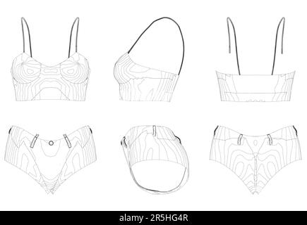 Ensemble avec les contours d'un haut pour femme avec short à partir de lignes noires isolées sur un fond blanc. Vue avant, latérale, arrière. Illustration vectorielle. Illustration de Vecteur