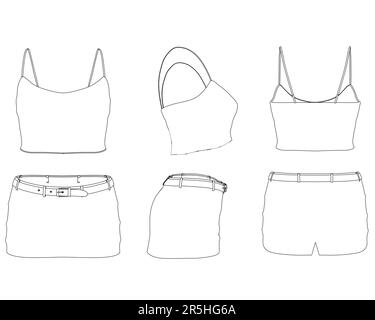 Ensemble avec contours d'un haut pour femme avec une jupe courte à partir de lignes noires isolées sur un fond blanc. Vue avant, latérale, arrière. Illustration vectorielle. Illustration de Vecteur