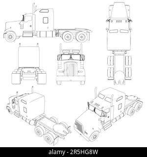 Définir les contours d'un camion sans remorque à partir de lignes noires isolées sur un fond blanc. Vue de face, de côté, de dos, de dessus, isométrique. Vect Illustration de Vecteur