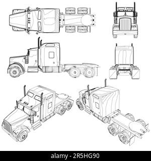 Définir les contours d'un camion sans remorque à partir de lignes noires isolées sur un fond blanc. Vue de face, de côté, de dos, de dessus, isométrique. Vect Illustration de Vecteur