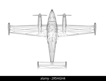 Élément filaire d'avion avec hélice à partir de lignes noires isolées sur fond blanc. Vue de dessus. 3D. Illustration vectorielle. Illustration de Vecteur