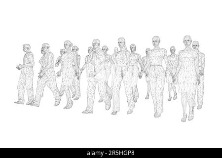 Image filaire de la foule de personnes marchant de lignes noires isolées sur fond blanc. Vue avant. 3D. Illustration vectorielle. Illustration de Vecteur