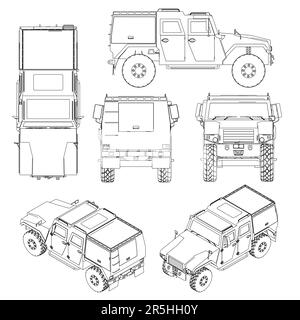 Définir les contours d'une jeep de combat à partir de lignes noires isolées sur un fond blanc. Vue isométrique, côté, face, arrière, dessus. 3D. Illustration vectorielle. Illustration de Vecteur