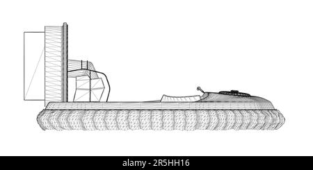 Image filaire du bateau sur un coussin avec une hélice de lignes noires isolées sur un fond blanc. Vue latérale. 3D. Illustration vectorielle. Illustration de Vecteur