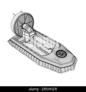 Image filaire du bateau sur un coussin avec une hélice de lignes noires isolées sur un fond blanc. Vue isométrique. 3D. Illustration vectorielle. Illustration de Vecteur