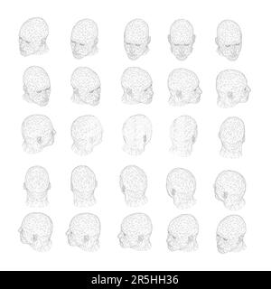 Ensemble avec un squelette de la tête d'un homme dans différentes positions de lignes noires isolées sur un fond blanc. La tête tourne de quinze degrés. Isométrique Illustration de Vecteur