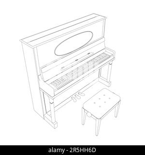 Contour d'un piano avec une chaise à partir de lignes noires isolées sur fond blanc. Vue isométrique. Illustration vectorielle. Illustration de Vecteur