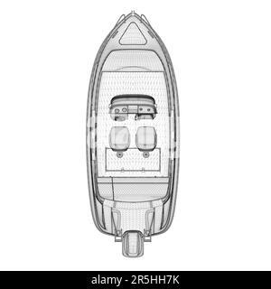 Elément filaire de bateau à moteur provenant de lignes noires isolées sur fond blanc. Vue de dessus. 3D. Illustration vectorielle. Illustration de Vecteur