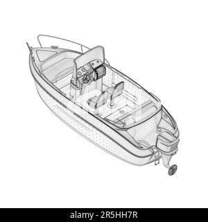 Elément filaire de bateau à moteur provenant de lignes noires isolées sur fond blanc. Vue isométrique. 3D. Illustration vectorielle. Illustration de Vecteur