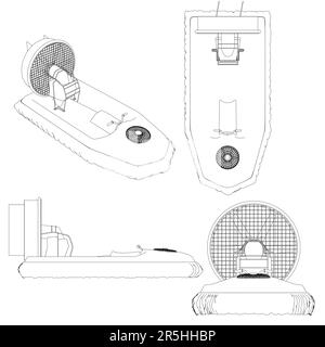 Ensemble de contours d'un bateau sur un oreiller à partir de lignes noires isolées sur un fond blanc. Vue isométrique, dessus, face, côté. Illustration vectorielle. Illustration de Vecteur