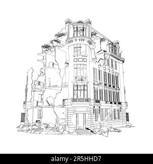 Le contour du bâtiment détruit à partir de lignes noires isolées sur un fond blanc. Vue en perspective. 3D. Illustration vectorielle. Illustration de Vecteur