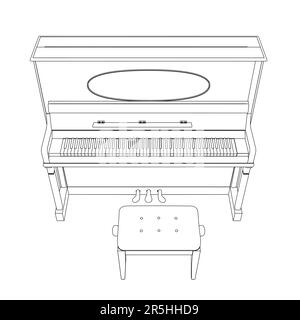 Contour d'un piano avec une chaise à partir de lignes noires isolées sur fond blanc. Vue avant. Illustration vectorielle. Illustration de Vecteur