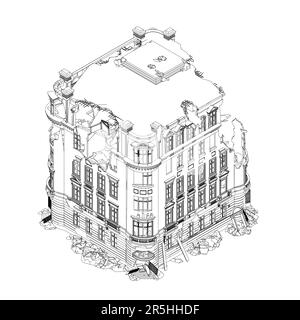 Contour d'une maison détruite à partir de lignes noires isolées sur fond blanc. Vue isométrique. Illustration vectorielle. Illustration de Vecteur