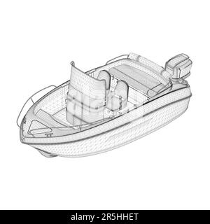 Elément filaire de bateau à moteur provenant de lignes noires isolées sur fond blanc. Vue isométrique. 3D. Illustration vectorielle. Illustration de Vecteur