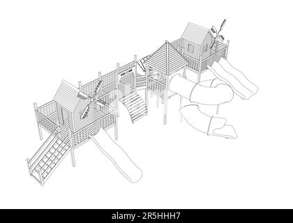 Contour d'un terrain de jeu avec des diapositives de lignes noires isolées sur un fond blanc. Vue isométrique. Illustration vectorielle. Illustration de Vecteur