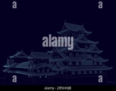 Contour d'un ancien bâtiment japonais avec de nombreux toits en lignes bleues isolées sur un fond sombre. 3D. Illustration vectorielle. Illustration de Vecteur