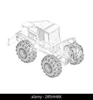 Élément filaire d'un tracteur de niveleuse industriel avec pinces pour soulever des charges à partir de lignes noires isolées sur un fond blanc. Vue isométrique. 3D. Vecteur Ill Illustration de Vecteur