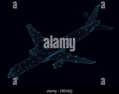 Élément filaire de l'avion à partir de lignes bleues isolées sur un arrière-plan sombre. Vue isométrique. 3D. Illustration vectorielle. Illustration de Vecteur