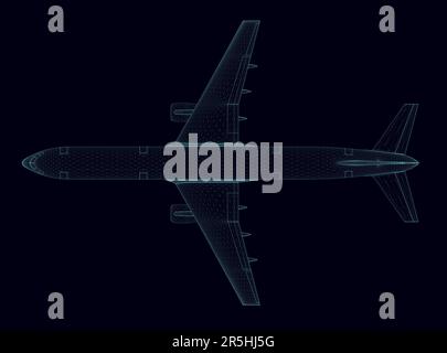 Élément filaire de l'avion passager provenant de lignes bleues isolées sur un fond sombre. Vue de dessus. 3D. Illustration vectorielle. Illustration de Vecteur