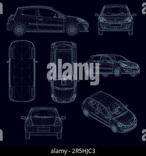 Ensemble avec des cadres de voiture légers dans différentes positions des lignes bleues isolées sur un fond sombre. 3D. Illustration vectorielle. Illustration de Vecteur