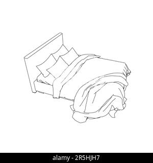 Contour d'un lit de couchage avec une couverture non faite et des oreillers de lignes noires isolées sur un fond blanc. Vue isométrique. Illustration vectorielle. Illustration de Vecteur