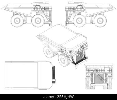 Définir les contours d'un grand chariot à partir de lignes noires isolées sur un fond blanc. Vue isométrique, côté, face, dessus. Illustration vectorielle. Illustration de Vecteur