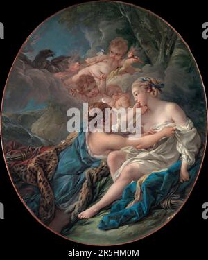 Jupiter- dans la Guise de Diana et Callisto peint par François Bouchard en 1763. Bien que peu connu aujourd'hui, François Boucher était l'un des peintres les plus célèbres du 18th siècle en France. Il a peint des thèmes classiques dans les styles baroque et rococo. Son patron était Madame de Pompadour et son travail était si populaire qu'il devint par la suite Premier Peintre du Roi (Premier peintre du Roi), un poste prestigieux de tribunal dans l'ancien régime. Cette peinture montre la déesse Diana (Artemis) apprenant que son mari Callisyo est enceinte par Jupiter(Zeus) Banque D'Images