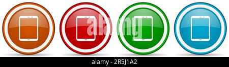 Tablette, mobile, téléphone, smartphone icônes brillantes, ensemble de boutons de conception moderne pour le Web, Internet et les applications mobiles dans quatre options de couleurs isolées Banque D'Images