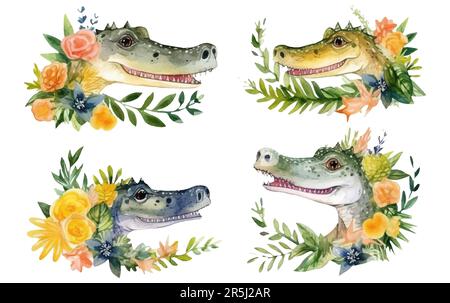 ensemble aquarelle illustration d'un joli crocodile isolé sur fond blanc Illustration de Vecteur