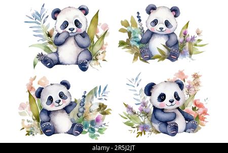 aquarelle ensemble illustration de panda molletonné parmi les feuilles de bambou isolées sur fond blanc Illustration de Vecteur