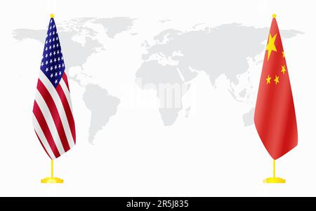 Drapeaux de la Chine et des États-Unis pour une réunion officielle sur fond de carte du monde. Illustration de Vecteur