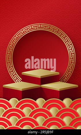 3D Podium scène ronde style chinois, pour le nouvel an et les festivals chinois ou festival de mi-automne avec papier rouge couper l'art et l'artisanat sur fond de couleur wi Illustration de Vecteur