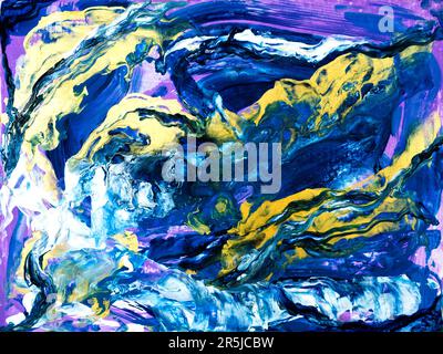 Peinture artistique abstraite en bleu et or, fond peint à la main, acrylique, marbre et texture pinceau. Art moderne Art contemporain Banque D'Images