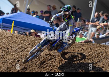 Sacramento, Californie, États-Unis. 03 juin 2023 Sacramento, CA États-Unis Justin Cooper(32) sortie du tour 21during Championnat du Hangtown de course de motocross professionnel AMA 250 à Hangtown Sacramento, CA Thurman James/CSM crédit: CAL Sport Media/Alay Live News Banque D'Images