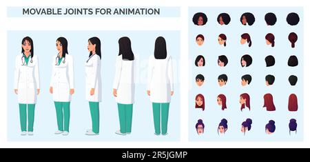 Création de personnages de dessin animé Doctor avec femme Doctor portant un manteau blanc de laboratoire avant, arrière et Sideview avec de multiples courses et origines ethniques Illustration de Vecteur