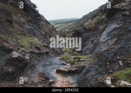 Marche à travers une gorge entre deux collines par temps pluvieux dans le sud-ouest du Portugal, région de l'Algarve en mars. Flâner le long de la piste des pêcheurs. Banque D'Images