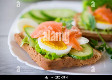 toast frit avec laitue, œuf, concombres et poisson rouge dans une assiette, sur une table en bois. Banque D'Images