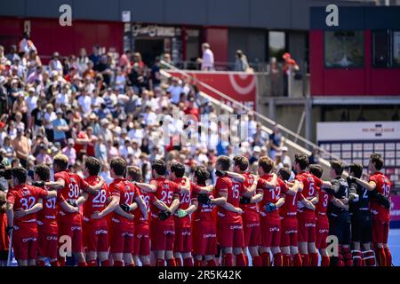 Londres, Royaume-Uni. 04th juin 2023. Les joueurs de Belgique photographiés au début d'un match entre les Red Lions de Belgique et le Royaume-Uni, le quatrième match (sur 12) dans la phase de groupe de la Ligue Pro FIH 2023 hommes, dimanche 04 juin 2023 à Londres, Royaume-Uni. BELGA PHOTO LAURIE DIEFFEMBACQ crédit: Belga News Agency/Alay Live News Banque D'Images