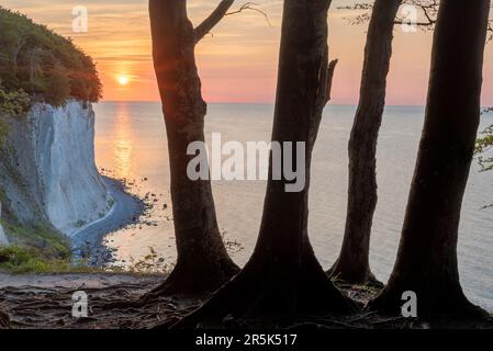 Sassnitz, Allemagne. 04th juin 2023. Le soleil s'élève à côté des falaises de craie Wissower Klinken dans le parc national de Jasmund sur l'île de Rügen. Credit: Stephan Schulz/dpa-Zentralbild/dpa/Alay Live News Banque D'Images