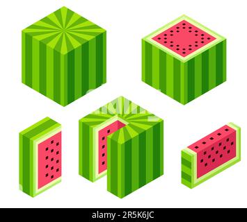 Ensemble de 3D cubes de pastèque isométriques. Coupes entières, coupes transversales, coupes. Illustration de clip art vectoriel isolée. Illustration de Vecteur