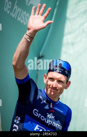 Bruxelles, Belgique. 04th juin 2023. Français Arnaud Demare de Groupama-FDJ fête sur le podium après avoir remporté la course cycliste d'une journée Brussels Cycling Classic, 203, à 9 km de et à Bruxelles, dimanche 04 juin 2023. BELGA PHOTO JASPER JACOBS crédit: Belga News Agency/Alay Live News Banque D'Images