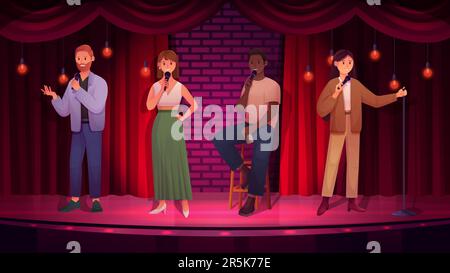 Standup, spectacle comique avec quatre comédiens avec illustration vectorielle du micro sur scène. Caricature homme femme personnages haut-parleur assis et debout, comique homme et femme avec microphone plaisantant dans la boîte de nuit Illustration de Vecteur