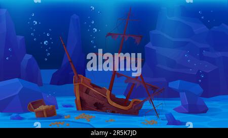 Illustration d'un bateau pirate submergé sur la mer ou d'un vecteur au fond de l'océan. Dessin animé scène de jeu sous-marin profond de naufrage, bateau en bois avec mât cassé et pont, bulles dans l'eau bleue et Trésor d'or sur fond marin Illustration de Vecteur