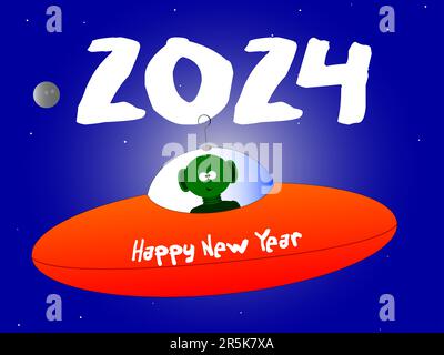 Un nouveau message de bonne année 2024 d'une soucoupe volante avec un extraterrestre. Banque D'Images