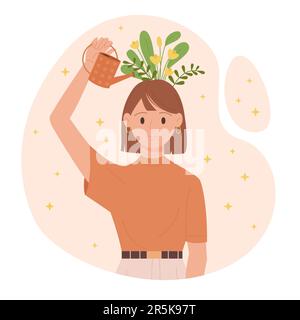 Croissance positive des mentalités, prise en charge du bien-être et de la santé mentale, illustration du vecteur de concept optimiste. Bande dessinée bonne fille optimiste tenant arroser peut à l'eau fleurs poussant à l'intérieur tête cerveau, Illustration de Vecteur