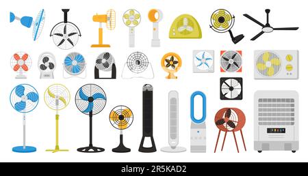 Illustration du vecteur de réglage du ventilateur électrique. Appareils de conditionnement et ventilateurs isolés de dessin animé de différents types pour la ventilation du bureau et de la maison, l'équipement de refroidissement pour le plafond, le bureau et le mur Illustration de Vecteur