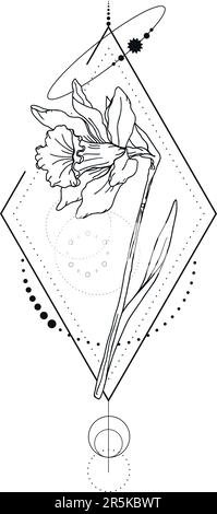 Tatouage botanique abstrait avec des éléments géométriques isolés sur fond blanc. Tatouage floral monochrome avec narcisse. Illustration vectorielle Illustration de Vecteur