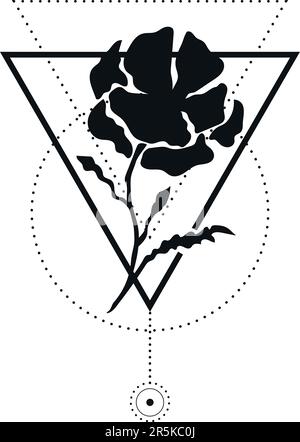 Tatouage botanique abstrait avec des éléments géométriques isolés sur fond blanc. Tatouage floral monochrome avec contour de fleur. Illustration vectorielle Illustration de Vecteur
